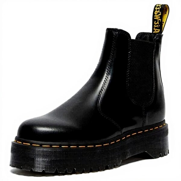 Dr. Martens Womens Platform Chelsea Boot, Black Polished Smooth Leather, Mid-Calf Combat Style